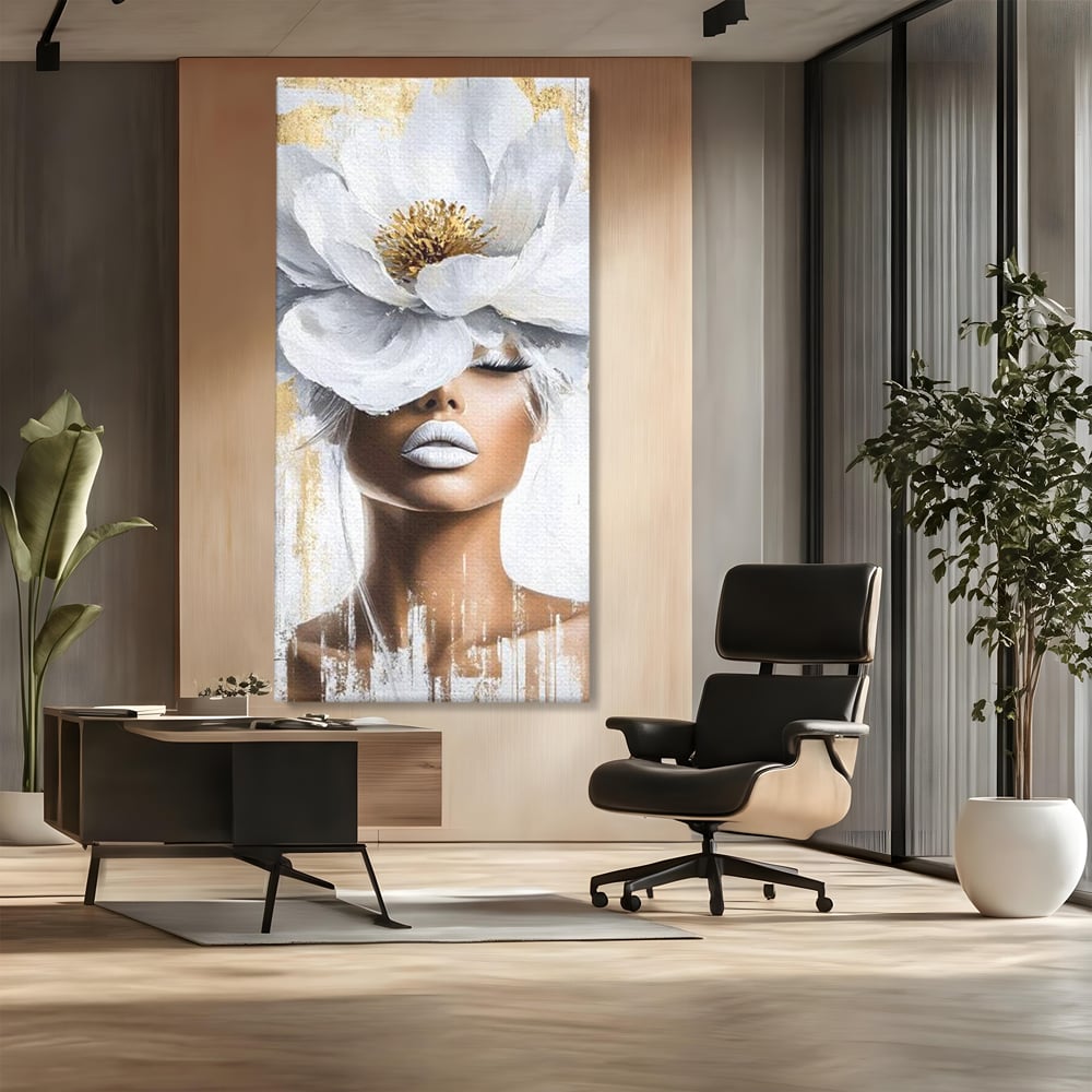 Tablou canvas cu tablou canvas cu portret de femeie si magnolie, fara rama, pe sasiu de lemn, pe perete intr-un birou